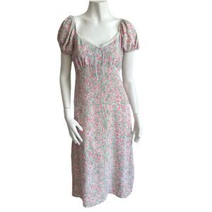 Monteau Los Angeles Puff Sleeves Y2K Milkmaid Lace Trim Floral Midi Dress Size M